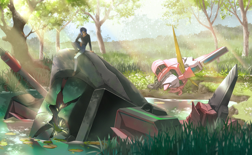 1boy athrun_zala black_shirt blue_hair denim destroyed green_eyes gundam gundam_seed highres huge_filesize jeans justice_gundam lily_pad long_sleeves looking_down male_focus mecha mobile_suit nito_minatsuki pants robot scenery science_fiction severed_head shirt sitting sunlight tree v-fin water
