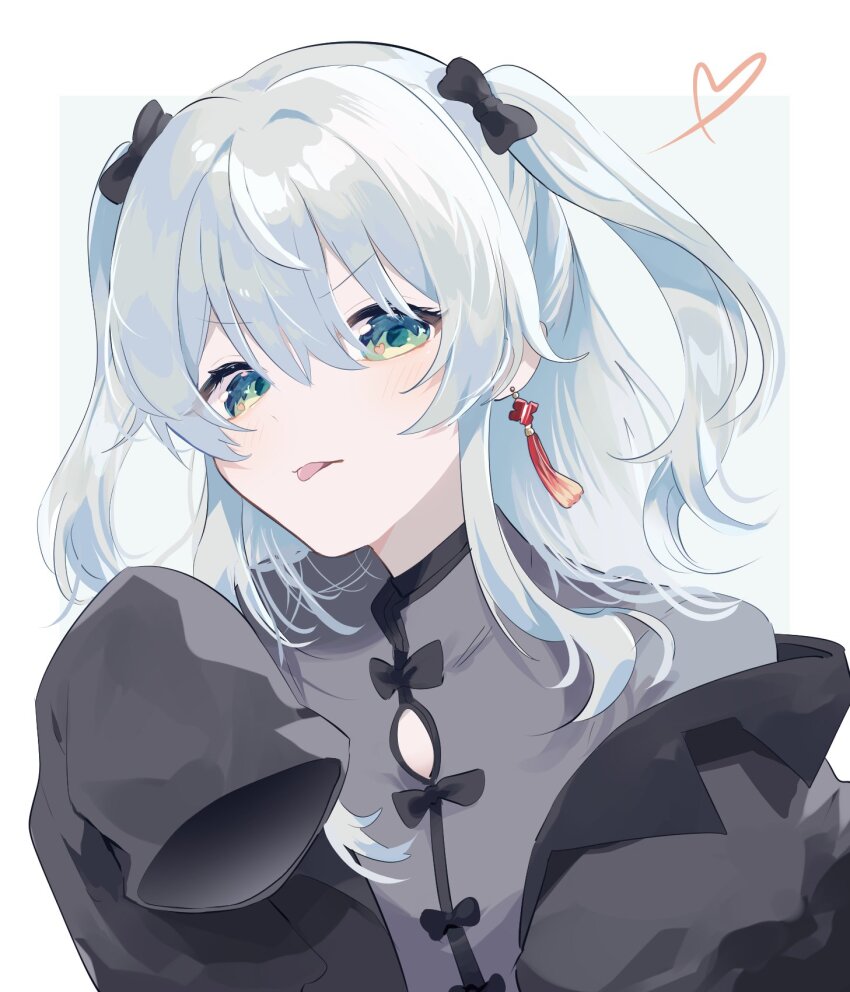 1girl black_bow black_coat blush border bow coat commentary earrings green_eyes grey_shirt hair_bow hashtag-only_commentary heart heart_in_eye highres indie_virtual_youtuber jewelry looking_at_viewer nekomugi_tororo open_clothes open_coat outside_border shirt solo sudasamo symbol_in_eye tassel tassel_earrings tongue tongue_out two_side_up upper_body virtual_youtuber white_border white_hair