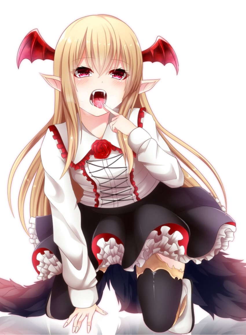 1girl arm_support bat_(animal) bat_wings black_skirt blonde_hair blush fangs female_focus finger_to_mouth flower frilled_shirt frilled_skirt frills full_body head_wings highres kneeling long_hair open_mouth oral_invitation pointing pointing_at_self pointy_ears red_eyes red_flower red_rose rose saliva shadowverse shiira_(nya_rl) shirt skirt solo teeth thighhighs tongue tongue_out vampire vampy very_long_hair white_shirt wings
