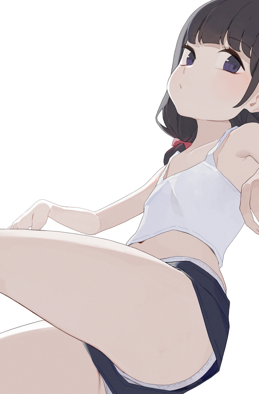 1girl black_hair black_shorts blue_eyes bow commentary_request flat_chest hair_bow highres hiroki_(yyqw7151) looking_at_viewer navel original panties panties_under_shorts red_bow short_hair shorts simple_background solo tank_top thighs underwear white_background white_panties white_tank_top