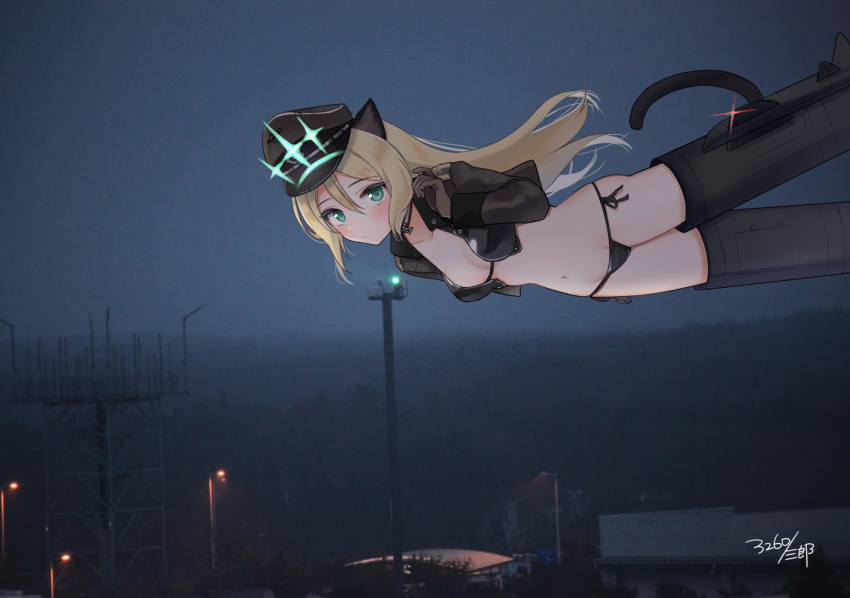 1girl animal_ears bikini black_bikini black_jacket blonde_hair blush breasts cat_ears cat_girl cat_tail flying gloves hat heinrike_prinzessin_zu_sayn-wittgenstein jacket long_hair military military_hat military_uniform night noble_witches outdoors saburou_03 small_breasts solo solo_focus striker_unit swimsuit tail world_witches_series