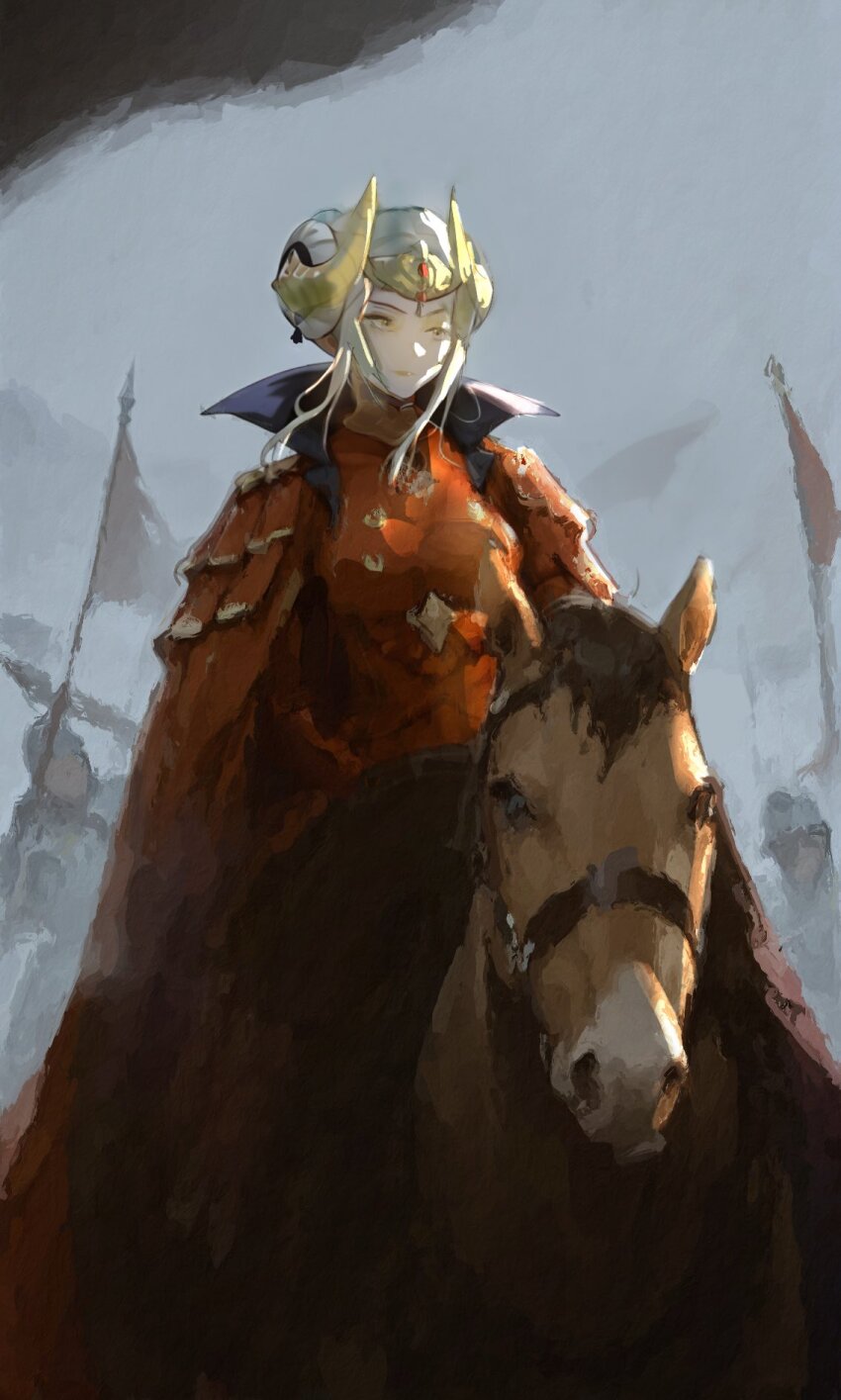 1girl armor army breasts brown_horse cape edelgard_von_hresvelg edelgard_von_hresvelg_(timeskip) expressionless fake_horns fire_emblem fire_emblem:_three_houses flag gem highres horns horse horseback_riding jewelry medium_breasts nintendo red_armor red_cape red_gemstone riding solo_focus white_hair yellow_eyes yellow_horns yi_12199