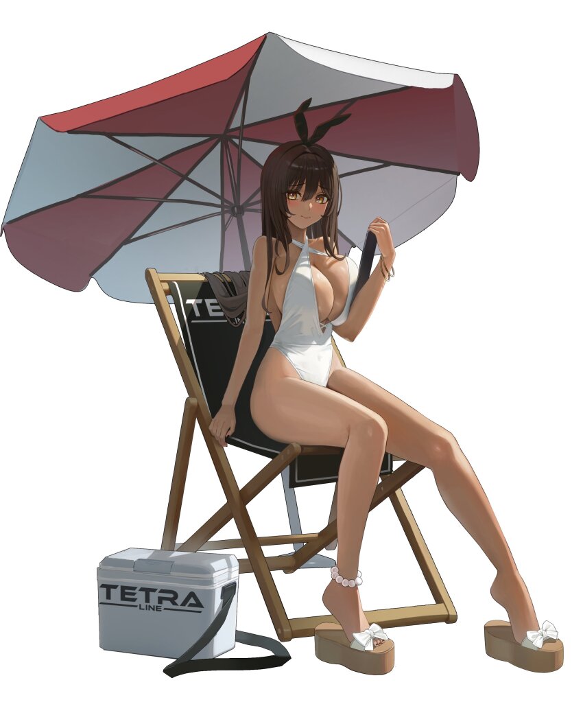 absurdres animal_ears anklet arm_support bare_shoulders beach_umbrella bracelet breast_press breasts brown_hair chair cleavage closed_mouth commentary cooler dark-skinned_female dark_skin deck_chair english_commentary fake_animal_ears folding_chair goddess_of_victory:_nikke hair_between_eyes hallo_(rltkdydrltk) halterneck highres holding holding_tablet_pc jewelry large_breasts long_hair looking_at_viewer noir_(nikke) one-piece_swimsuit platform_footwear platform_sandals rabbit_ears sandals sitting smile swimsuit tablet_pc umbrella very_long_hair white_background white_one-piece_swimsuit yellow_eyes