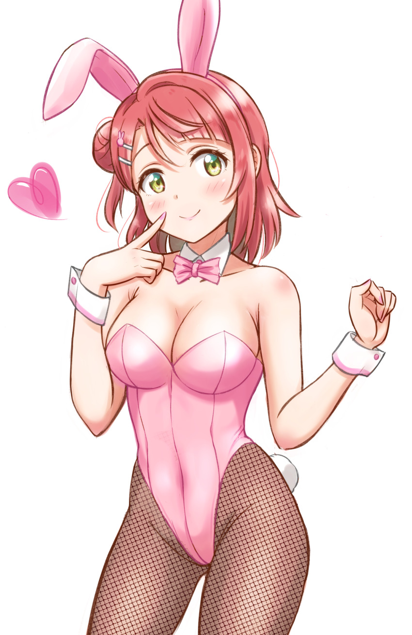 1girl animal_ears bare_shoulders black_pantyhose blush bow bowtie breasts bunny_day ckst cleavage collarbone detached_collar fake_animal_ears finger_to_face fishnet_pantyhose fishnets hair_bun hair_ornament hairclip heart highres leotard love_live! love_live!_nijigasaki_high_school_idol_club medium_breasts medium_hair nail_polish pantyhose pink_bow pink_bowtie pink_leotard playboy_bunny rabbit_ears rabbit_tail red_hair side_bun simple_background single_side_bun smile solo strapless strapless_leotard tail uehara_ayumu white_background wrist_cuffs yellow_eyes