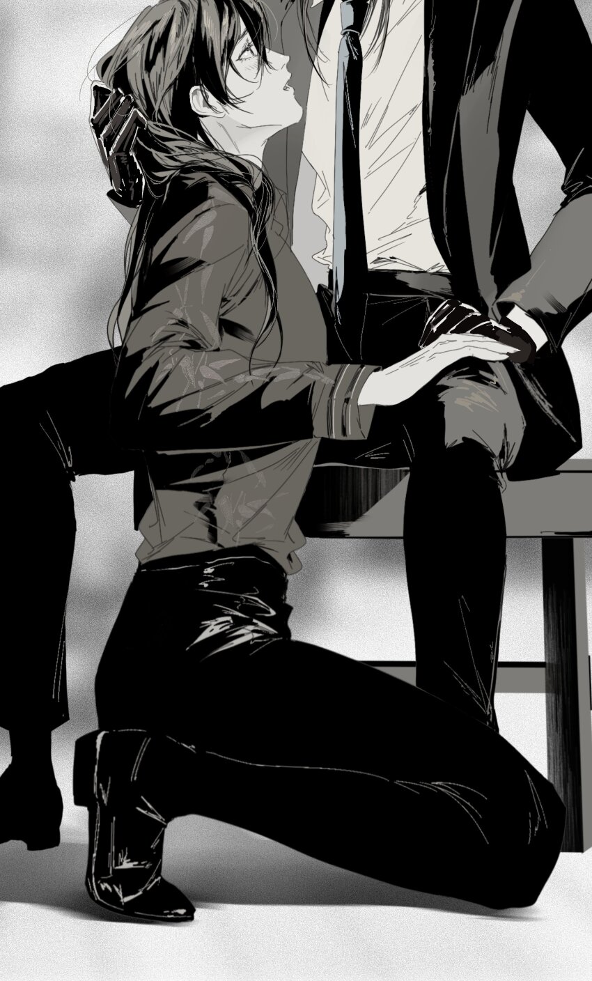 2boys absurdres black_gloves black_necktie black_pants black_shoes blush business_suit chair code:_kite formal_clothes full_body gloves gradient_background hair_over_shoulder hand_on_another&#039;s_thigh highres holding_another&#039;s_hair kneeling looking_at_another looking_up male_focus monochrome multiple_boys necktie on_chair open_mouth pants shirt shoes suit white_shirt yuan_ji_(code:_kite) zhishangjun123