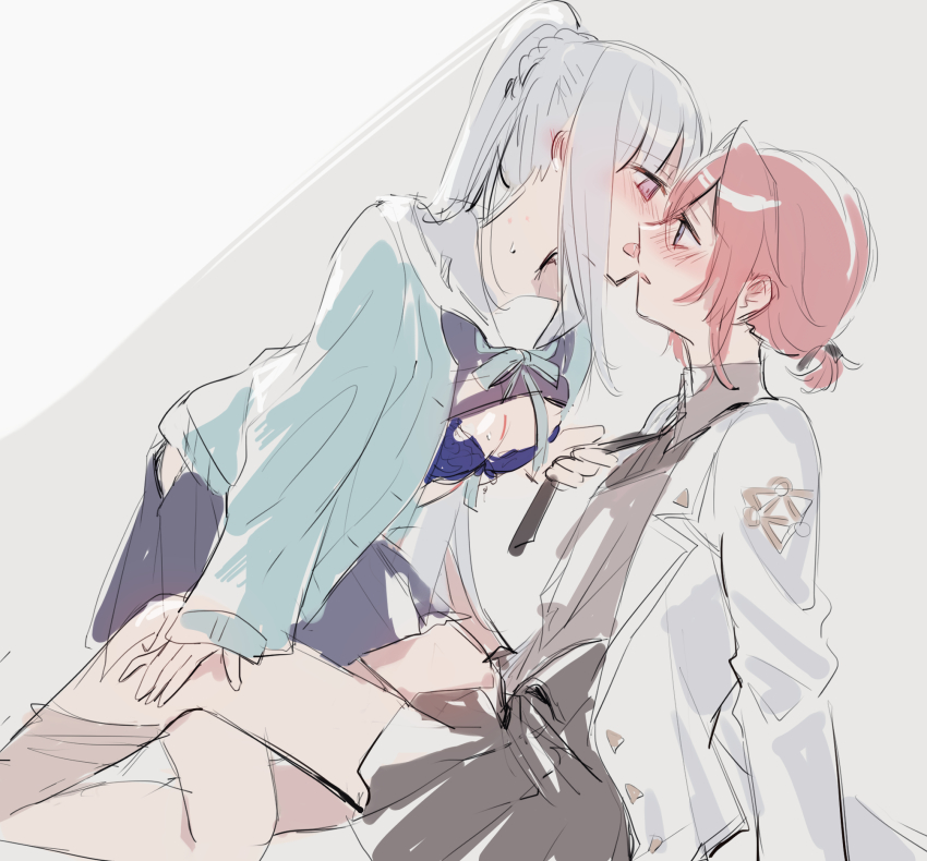 2girls ange_katrina ange_katrina_(4th_costume) black_skirt blue_bra blue_eyes bra breasts cleavage clothes_grab eye_contact hair_intakes hand_on_another&#039;s_leg highres kiss lize_helesta long_hair long_sleeves looking_at_another matsuzaka_(matsuzakagyu_29) medium_breasts multiple_girls necktie necktie_grab neckwear_grab nijisanji open_clothes open_mouth open_shirt pink_eyes pleated_skirt ponytail red_hair sailor_collar short_hair sketch skirt sleeves_past_wrists triangle underwear virtual_youtuber white_hair yuri