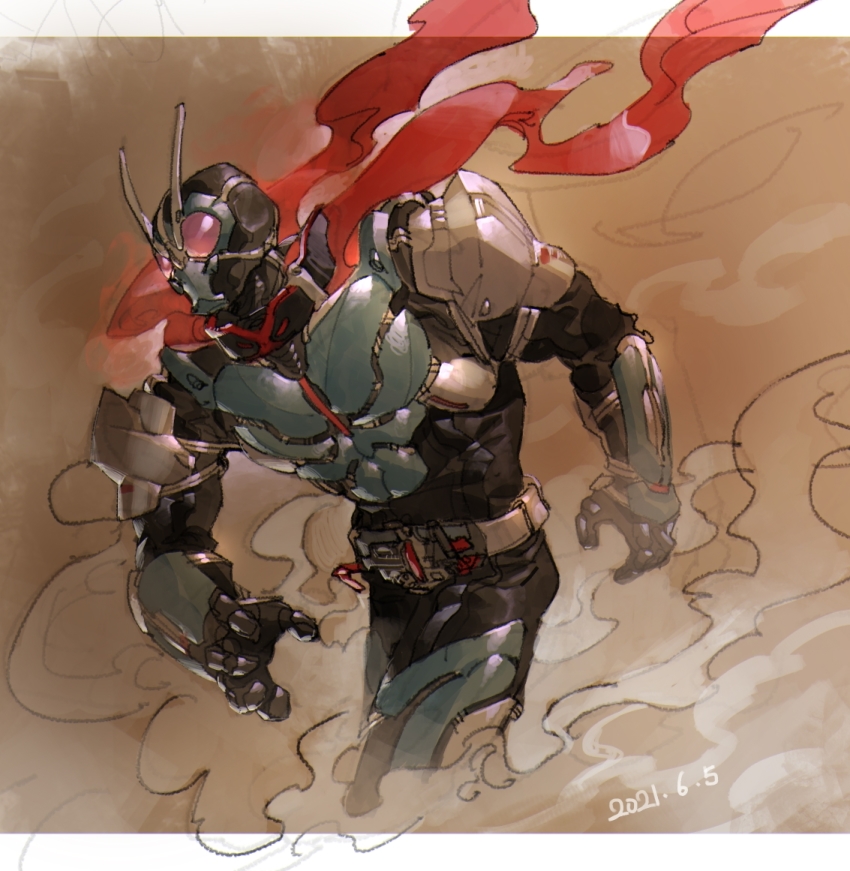 1boy 2021 antenna_hair armor bad_id bad_pixiv_id black_bodysuit black_gloves blue_armor bodysuit compound_eyes cycloneriser dated rider_belt gauntlets gloves june kamen_rider kamen_rider:_reiwa_the_first_generation kamen_rider_01_(series) kamen_rider_type-1 male_focus nicholas_f pink_eyes progrise_key rider_belt rock_hopper scarf shoulder_armor solo tokusatsu walking