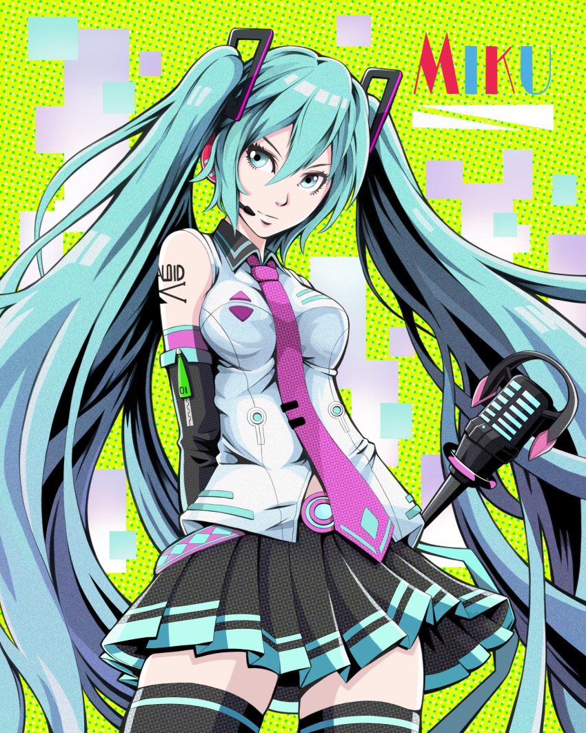 1girl aqua_eyes aqua_hair arms_behind_back belt belt_buckle black_skirt black_thighhighs breasts buckle detached_sleeves female_focus green_background hair_between_eyes hatsune_miku headset highres impossible_clothes impossible_shirt long_hair loose_belt medium_breasts microphone microphone_stand necktie pink_necktie pleated_skirt polka_dot shirt shoulder_tattoo skirt solo tattoo thighhighs to-ru twintails very_long_hair vocaloid wireless zettai_ryouiki