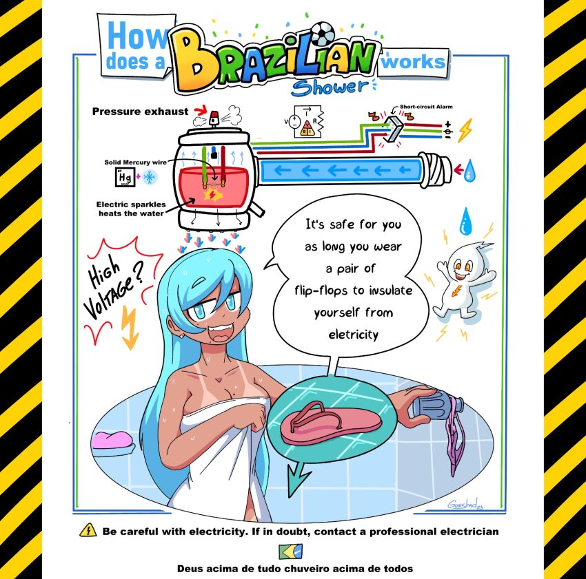1girl aqua_eyes aqua_hair ball bath brazilian_flag brazilian_flag_print brazilian_miku dark-skinned_female dark_skin diagram earrings electricity english_text flag_print flip-flops gunshadplays hatsune_miku highres jewelry la_chancla long_hair mixed-language_text naked_towel ohm&#039;s_triangle panties parody pink_panties portuguese_text sandals sign slogan soap soccer_ball solo source_quote_parody tan tanline towel twintails underwear vocaloid