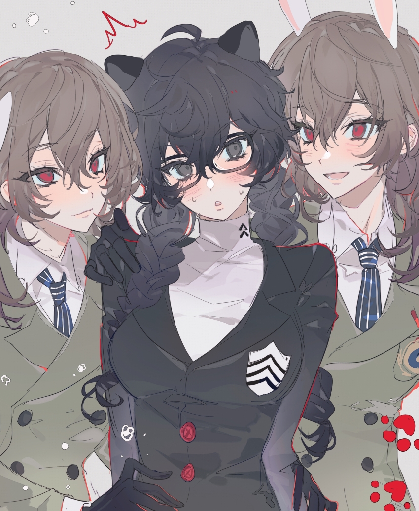1boy 2girls absurdres akechi_gorou amamiya_ren animal_ears black_eyes black_gloves black_hair black_jacket blazer blush braid breasts brown_hair brown_jacket buttons cat_ears chinese_commentary clone clone_harem closed_mouth collared_shirt commentary_request genderswap genderswap_(mtf) glasses gloves hair_between_eyes hand_on_another&#039;s_shoulder hands_on_another&#039;s_waist highres jacket kemonomimi_mode lapels large_breasts long_hair long_sleeves looking_at_another looking_at_viewer multiple_girls necktie nervous_sweating open_mouth persona persona_5 qingshi380 rabbit_ears red_eyes school_uniform shirt shuujin_academy_school_uniform simple_background striped_necktie sweat turtleneck twin_braids upper_body white_shirt