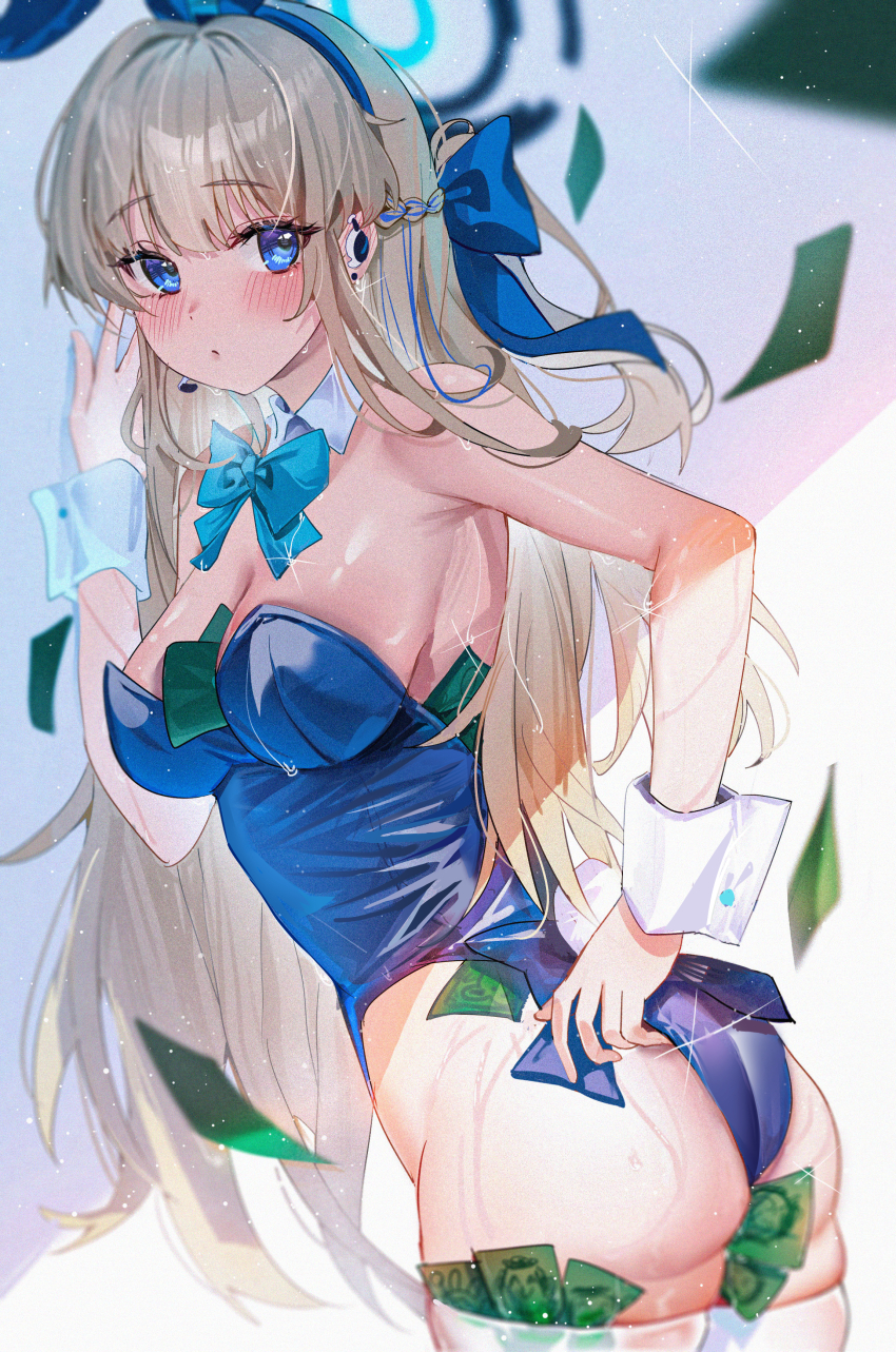 1girl absurdres animal_ears armpits ass banknote bent_over between_breasts between_buttocks blue_archive blue_bow blue_eyes blue_leotard blurry bow braid breasts cleavage commentary_request depth_of_field detached_collar fake_animal_ears from_behind groin hairband halo highleg highleg_leotard highres leotard light_brown_hair long_hair looking_at_viewer looking_back medium_breasts money multicolored_hair official_alternate_costume playboy_bunny rabbit_ears sidelocks simple_background single_braid sleeveless solo strapless strapless_leotard streaked_hair sweat tansuan_(ensj3875) thighhighs toki_(blue_archive) toki_(bunny)_(blue_archive) tucked_money two-tone_hair white_wrist_cuffs wrist_cuffs