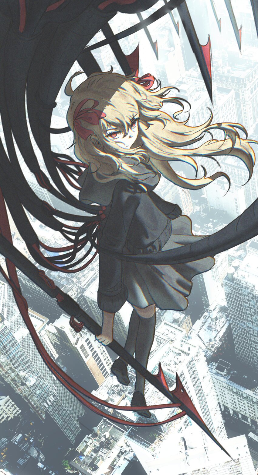 1girl absurdres ahoge black_cardigan black_shoes black_thighhighs brown_hair building cable cardigan cityscape closed_mouth commentary evil_neuro-sama floating_hair flying from_above from_side full_body grey_sailor_collar grey_skirt hair_between_eyes hair_ribbon harpoon highres holding holding_harpoon holding_weapon indie_virtual_youtuber kapxapius long_hair long_sleeves looking_at_viewer looking_to_the_side midair neuro-sama photo_background red_eyes red_ribbon ribbon sailor_collar serious shoes skirt solo thighhighs two_side_up virtual_youtuber weapon