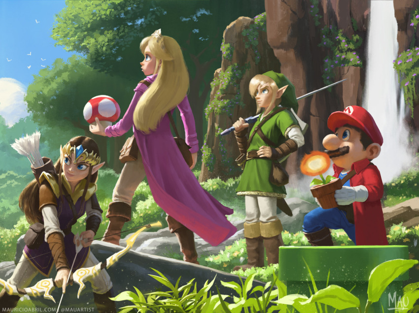 2boys 2girls arrow_(projectile) bag bird blonde_hair blue_eyes boots bow brown_hair coat crossover facial_hair fire_flower flower_pot fly_agaric forest gloves hand_on_own_hip link long_hair mario mario_(series) master_sword mauricio_abril multiple_boys multiple_girls mushroom mustache nature nintendo outdoors overalls pink_coat plant pointy_ears potted_plant power-up princess_peach princess_zelda quiver red_coat red_headwear red_mushroom shield short_hair sword the_legend_of_zelda tiara tree tunic water waterfall weapon white_gloves