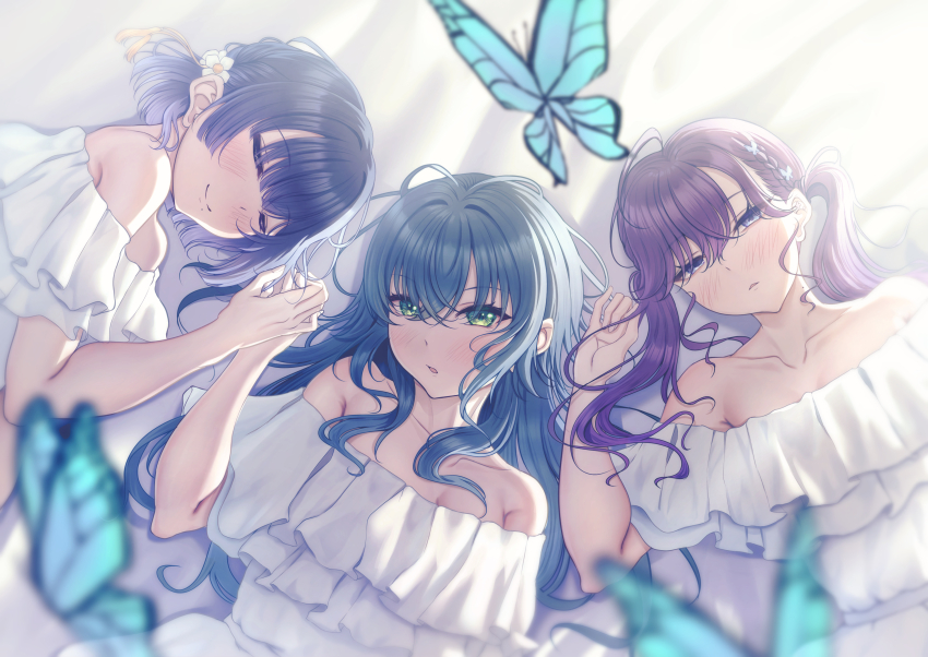 3girls absurdres ahoge antenna_hair armpit_crease bed_sheet blue_butterfly blue_hair blush braid bug butterfly butterfly_hair_ornament collarbone commentary_request dress frilled_dress frills gakuen_idolmaster green_hair hair_ornament hair_spread_out hataya_misuzu highres holding_hands idolmaster insect kaya_rinha long_hair looking_at_viewer lying misanga_(hxjd5354) multiple_girls off-shoulder_dress off_shoulder on_back on_side purple_hair short_hair sleeping syngup!_(idolmaster) tsukimura_temari twintails upper_body very_long_hair white_dress