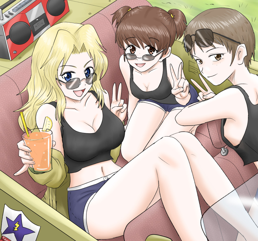 3girls alisa_(girls_und_panzer) black_tank_top blonde_hair blue_eyes blue_shorts blush breasts brown_eyes cleavage freckles girls_und_panzer hair_ornament harukai-i highres kay_(girls_und_panzer) large_breasts long_hair looking_at_viewer midriff military_uniform motor_vehicle multiple_girls naomi_(girls_und_panzer) navel no_bra open_mouth outdoors saunders_military_uniform shorts sideboob smile star_(symbol) star_hair_ornament sunglasses tank_top twintails v