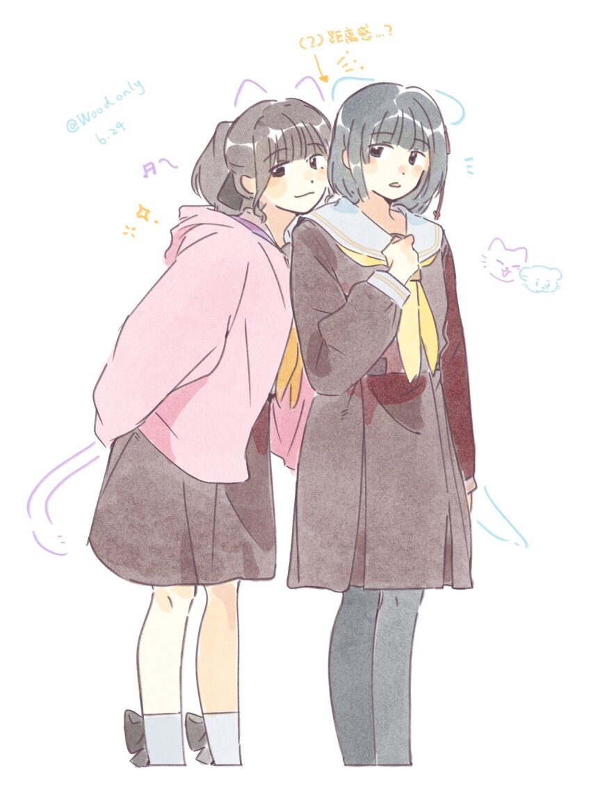 2girls :3 absurdres animal_ears animification arms_behind_back arrow_(symbol) artist_name beamed_eighth_notes black_bow black_hair blunt_bangs bob_cut bow bow_legwear brown_dress brown_hair cat_ears cat_tail chinese_commentary chinese_text clenched_hand closed_mouth commentary_request cropped_legs dated dog_ears dog_tail drawn_ears drawn_tail dress feet_out_of_frame hand_on_own_chest hasu_no_sora_school_uniform highres hood hooded_jacket jacket kurusu_rin leaning_forward light_smile link!_like!_love_live! long_hair long_sleeves looking_at_another looking_at_viewer love_live! medium_dress medium_hair multiple_girls musical_note neckerchief notice_lines open_clothes open_jacket parted_lips pink_jacket pleated_dress ponytail real_life sailor_collar sailor_dress sakurai_hina school_uniform sidelocks signature simple_background socks sparkle tail translation_request voice_actor white_background white_sailor_collar white_socks winter_uniform woodonly yellow_neckerchief