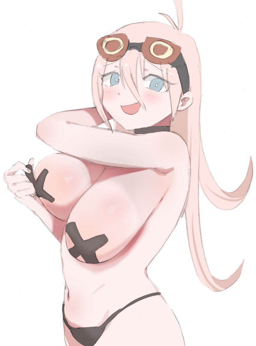 1girl :d antenna_hair bababaeki00 black_choker black_panties blonde_hair blush breasts choker danganronpa_(series) danganronpa_v3:_killing_harmony goggles goggles_on_head green_eyes hair_between_eyes highres iruma_miu large_breasts navel open_mouth panties pasties simple_background smile topless_female underwear white_background