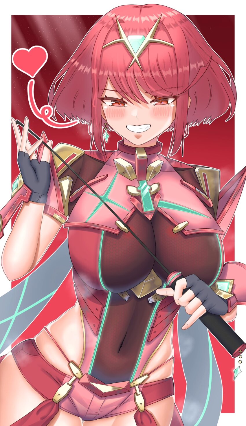 1girl blush bob_cut border breasts chest_jewel commentary core_crystal_(xenoblade) cowboy_shot earrings heart highres holding holding_whip jewelry large_breasts leotard meipasuye parted_lips purple_background pyra_(xenoblade) red_eyes red_hair red_leotard red_shorts short_hair short_shorts shorts smirk solo tiara white_border xenoblade_chronicles_(series) xenoblade_chronicles_2