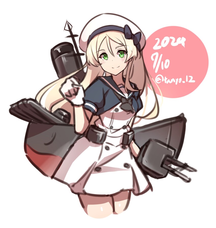 1girl adapted_turret black_neckerchief black_sailor_collar blonde_hair blue_jacket cowboy_shot dated dress green_eyes hair_between_eyes hat highres jacket javelin_(kancolle) kantai_collection loose_hair_strand machinery neckerchief one-hour_drawing_challenge sailor_collar sailor_hat smile solo tanyou twitter_username white_background white_dress