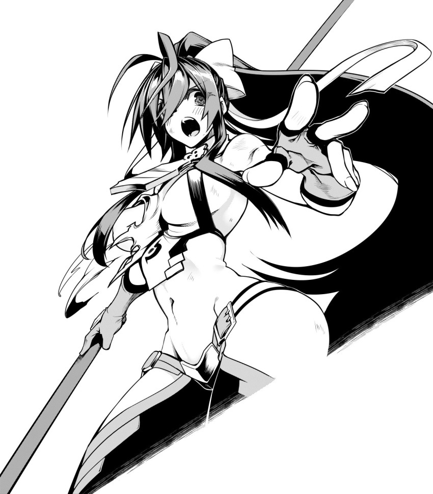 10mo 1girl armpits belt blazblue blush breast_curtains breasts fingerless_gloves gloves greyscale hair_between_eyes hair_ribbon highres hip_vent holding holding_weapon large_breasts long_hair mai_natsume midriff monochrome navel open_mouth polearm ponytail revealing_clothes ribbon sideboob solo spear stomach v-shaped_eyebrows weapon