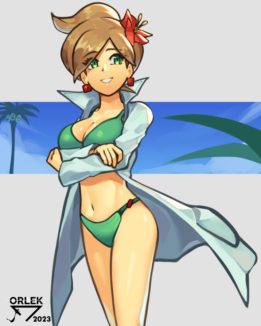 1girl absurdres alolan_exeggutor alolan_form arms_under_breasts artist_name professor_juniper bikini breasts brown_hair cleavage coat commentary cowboy_shot crossed_arms earrings english_commentary flower gen_7_pokemon green_bikini green_eyes hair_flower hair_ornament highres jewelry lab_coat large_breasts long_sleeves navel nintendo open_clothes open_coat orlek pokemon pokemon_(creature) pokemon_bw swimsuit white_coat