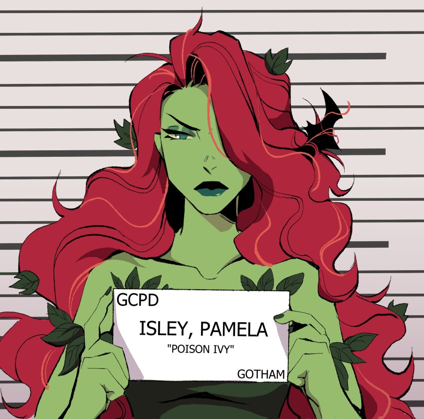 1girl absurdres barbie_mugshot_(meme) batarang batman_(series) character_name colored_skin dc_comics green_eyes green_leotard green_lips green_skin height_mark highres holding holding_sign leaf leaf_on_head leotard long_hair looking_at_viewer lumieluna meme monster_girl mugshot plant_girl poison_ivy prison prisoner red_hair sign upper_body wavy_hair