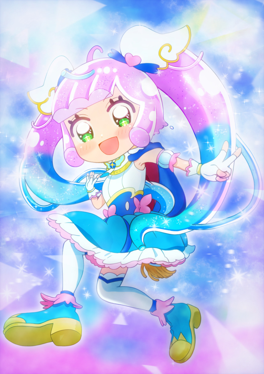 +_+ 1girl :d ahoge alternate_hairstyle ankle_boots armpit_peek asukamama89 blue_background blue_boots blue_cape blue_dress blue_hair blush boots bow brooch cape colored_shoe_soles commentary cosplay cure_sky cure_sky_(cosplay) detached_sleeves dress dress_bow fingerless_gloves fringe-trimmed_cape fringe_trim full_body gloves gradient_background gradient_hair green_eyes hair_ornament happy highres hirogaru_sky!_precure jewelry long_hair looking_at_viewer magical_girl medium_dress midair monster_girl multicolored_hair open_mouth outstretched_arm pink_bow precure puffy_detached_sleeves puffy_sleeves puniru_(puniru_wa_kawaii_slime) puniru_wa_kawaii_slime purple_background purple_hair red_cape sleeveless sleeveless_dress slime_girl slime_hair smile solo sparkle sparkle_background thighhighs twintails two-sided_cape two-sided_fabric two-tone_background two-tone_dress two-tone_hair v very_long_hair white_dress white_gloves white_thighhighs wing_brooch wing_hair_ornament