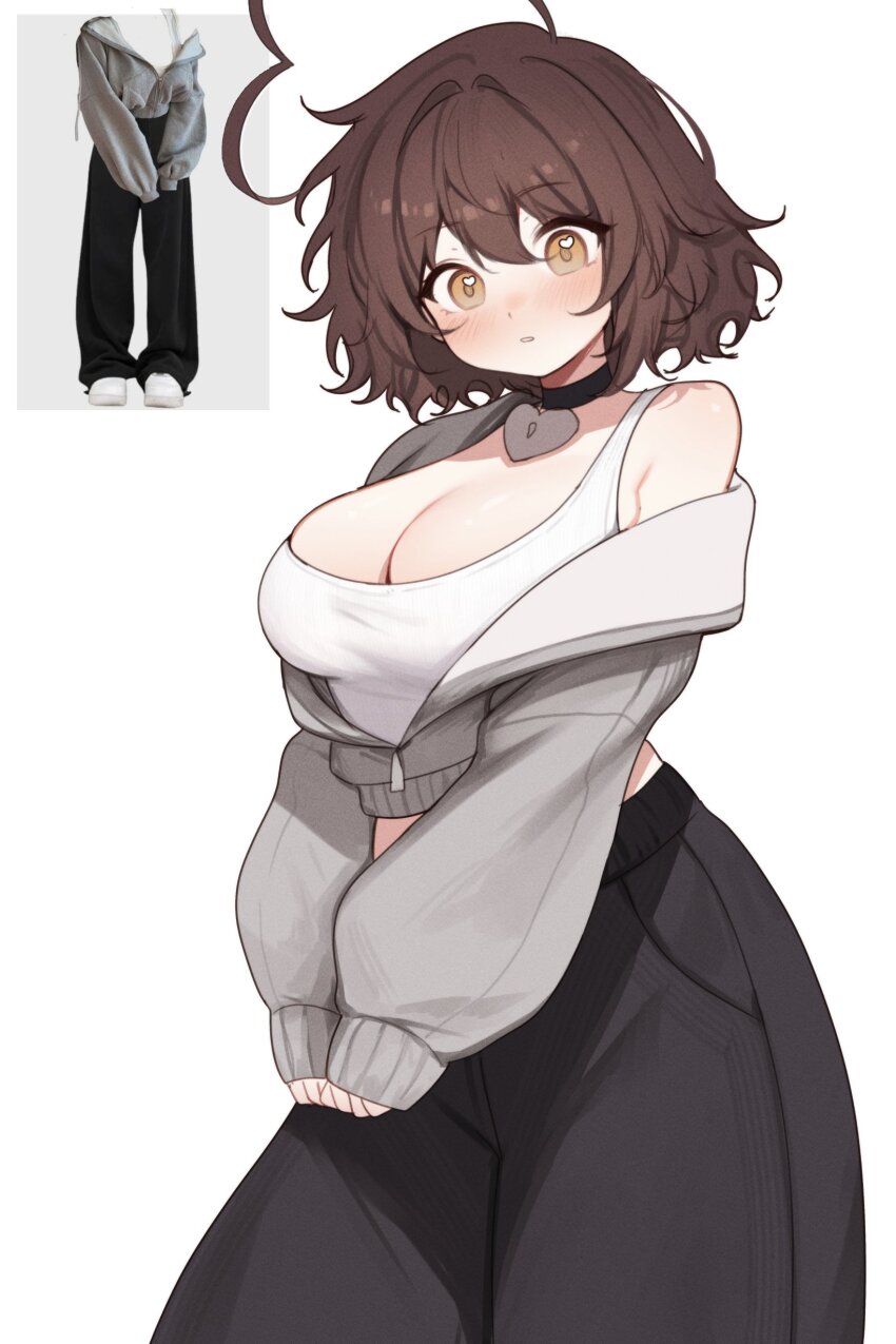 1girl absurdres ahoge black_choker blush breasts brown_eyes brown_hair choker cleavage cropped_jacket hair_between_eyes heart heart-shaped_lock heart_ahoge heart_choker heart_in_eye heart_pendant highres huge_ahoge indie_virtual_youtuber large_breasts long_hair looking_at_viewer pendant_choker photo-referenced reference_inset short_hair sky_above_me sky_above_me_(vtuber) solo symbol_in_eye tank_top virtual_youtuber white_background white_tank_top