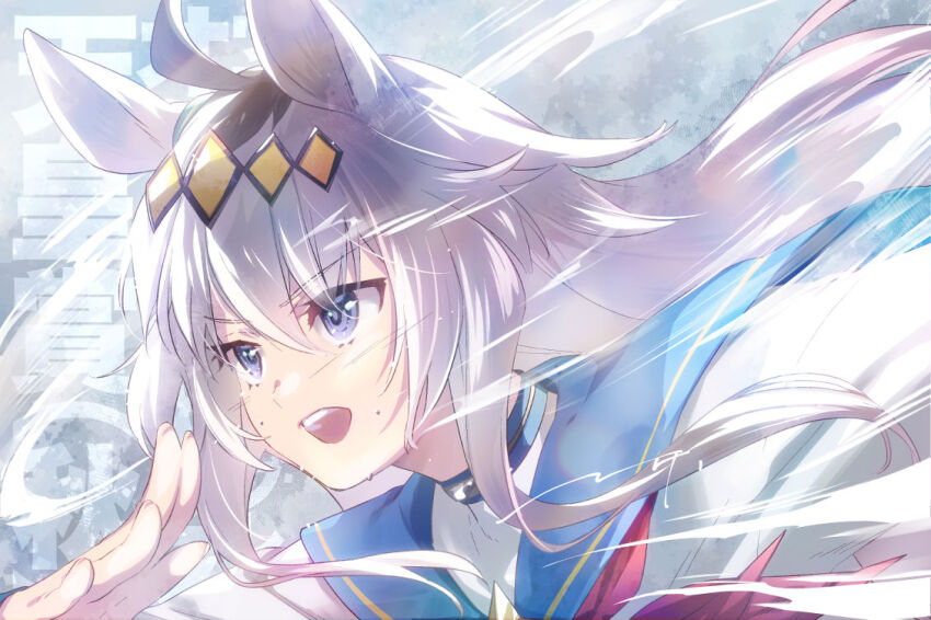1girl :d ahoge animal_ears black_hair blue_sailor_collar commentary_request ech floating_hair grey_eyes grey_hair hair_between_eyes horse_ears long_hair multicolored_hair neckerchief oguri_cap_(umamusume) open_mouth red_neckerchief running sailor_collar shirt smile solo text_background translation_request two-tone_hair umamusume upper_body v-shaped_eyebrows very_long_hair white_shirt