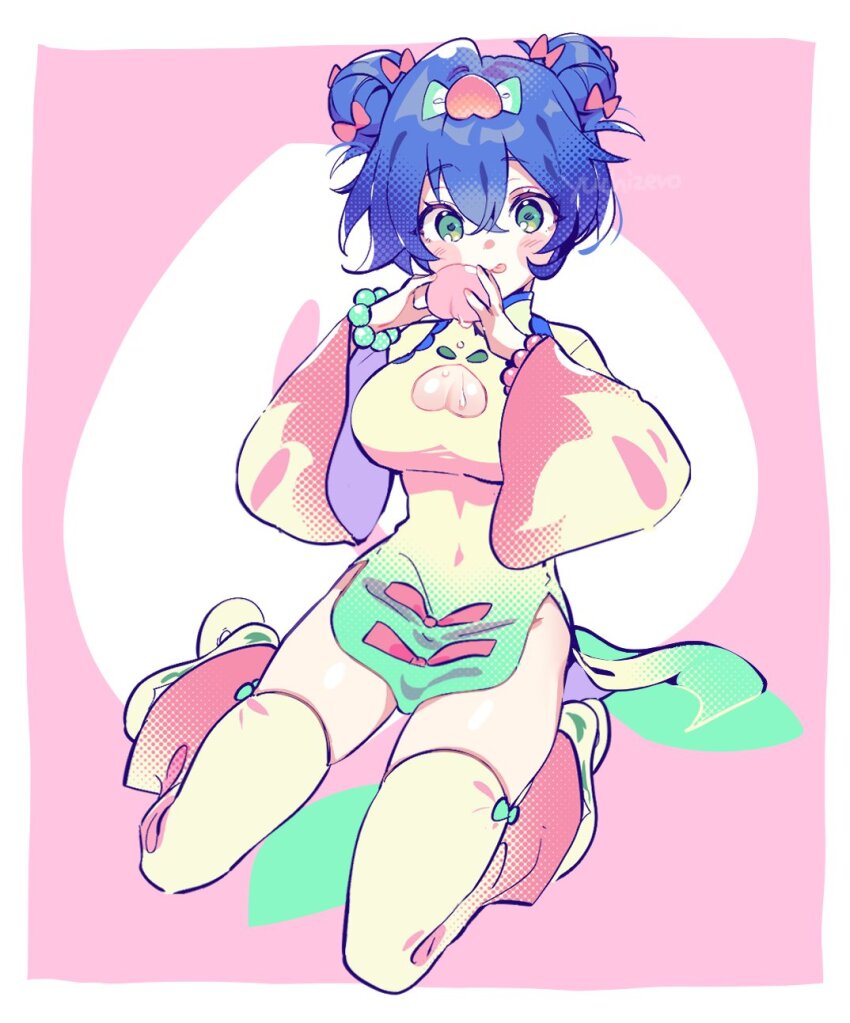 1girl bead_bracelet beads belle_(zenless_zone_zero) blue_hair blush bow bracelet breasts china_dress chinese_clothes cleavage_cutout clothing_cutout crossed_bangs double_bun dress food fruit green_eyes hair_between_eyes hair_bow hair_bun hair_ornament highres holding holding_food holding_fruit jewelry large_breasts long_sleeves looking_at_viewer official_alternate_costume peach pelvic_curtain short_hair simple_background sitting solo thighhighs wide_sleeves yellow_thighhighs yuchizero zenless_zone_zero