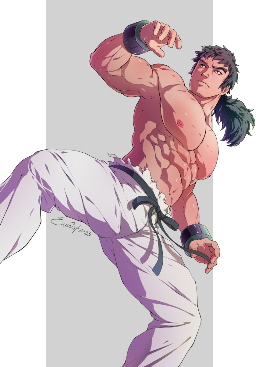 1boy abs armpits bara black_hair bracelet bruno_(pokemon) commentary english_commentary evinist highres jewelry large_pectorals long_hair male_focus martial_arts_belt muscular muscular_male navel nintendo nipples pants pectorals pokemon pokemon_frlg ponytail signature simple_background solo topless_male white_pants
