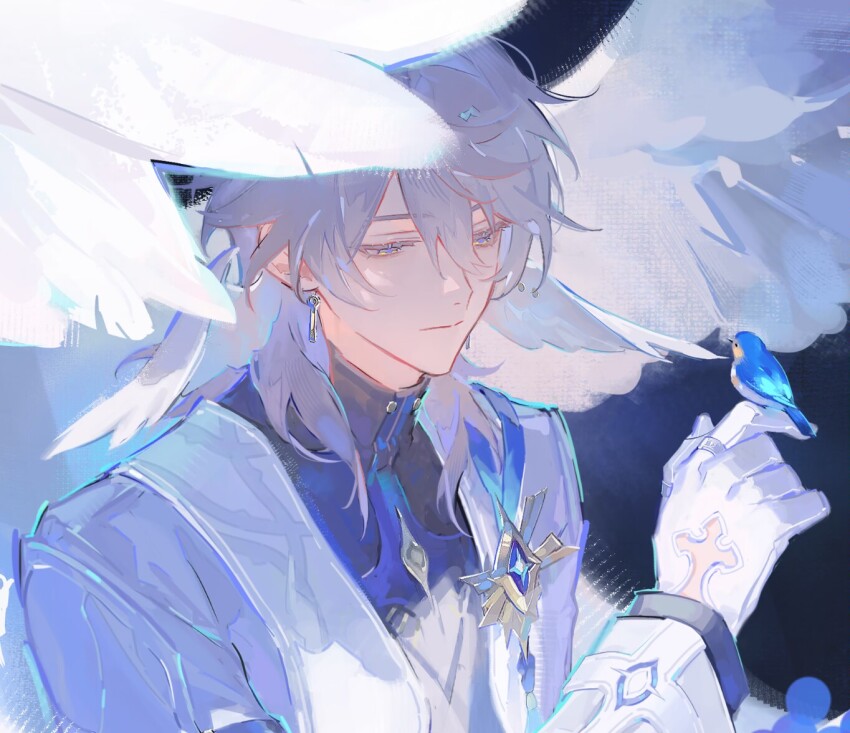 1boy animal bird black_shirt blue_bird earrings feathered_wings gloves gold_earrings grey_hair hair_between_eyes hair_over_shoulder halo halo_behind_head head_wings holding holding_animal holding_bird honkai:_star_rail honkai_(series) jacket jewelry male_focus medium_hair renjian_shilian ring shirt solo spiked_halo sunday_(honkai:_star_rail) turtleneck upper_body white_gloves white_jacket wings yellow_eyes