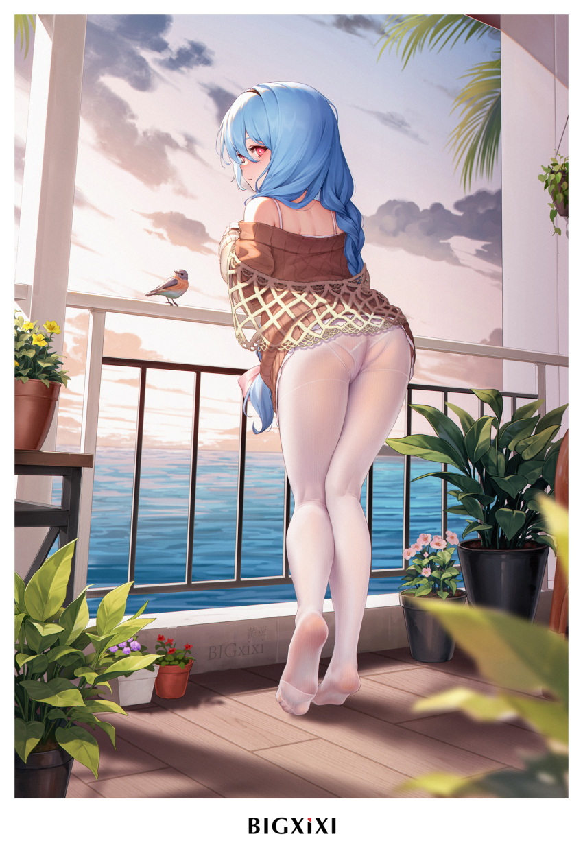 1girl ass beach bigxixi bird blue_hair feet highres long_hair ocean off_shoulder panties panties_under_pantyhose pantyhose plant potted_plant red_eyes soles toes underwear white_pantyhose