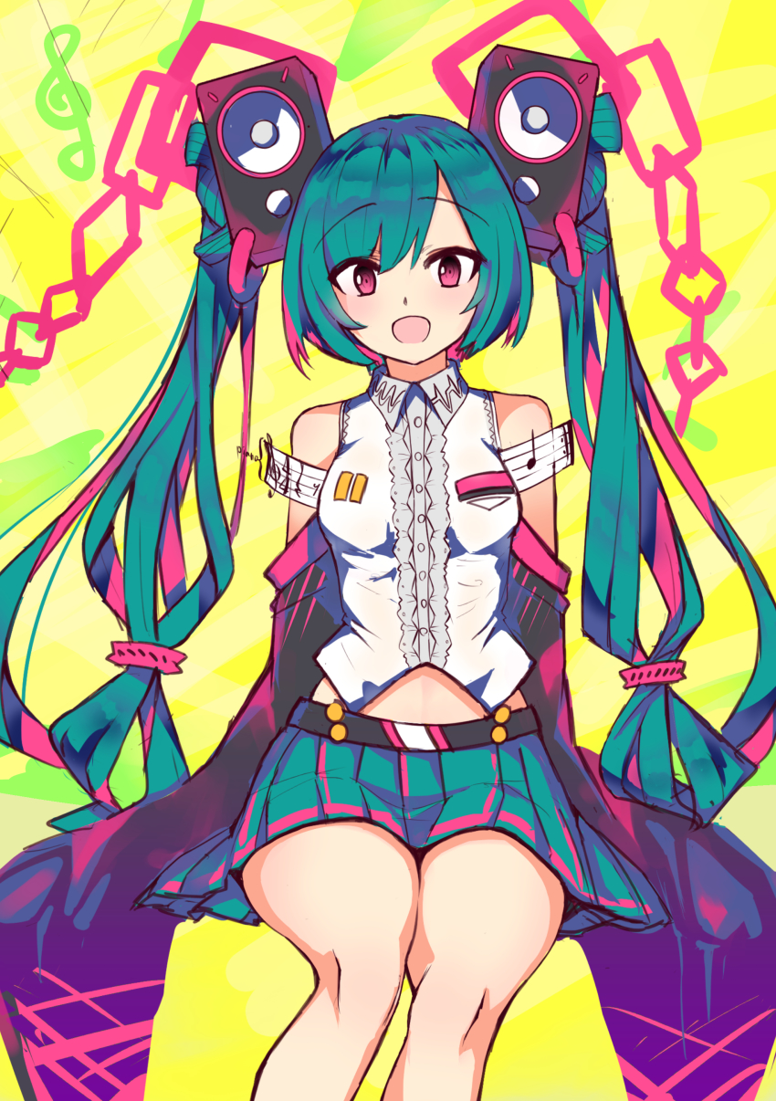 1girl absurdres blue_skirt breasts collared_shirt detached_sleeves hatsune_miku highres i.takashi multicolored_hair open_mouth pink_eyes pink_hair shirt sitting skirt sleeveless sleeveless_shirt sleeves_past_fingers sleeves_past_wrists small_breasts solo speaker streaked_hair treble_clef twintails vocaloid