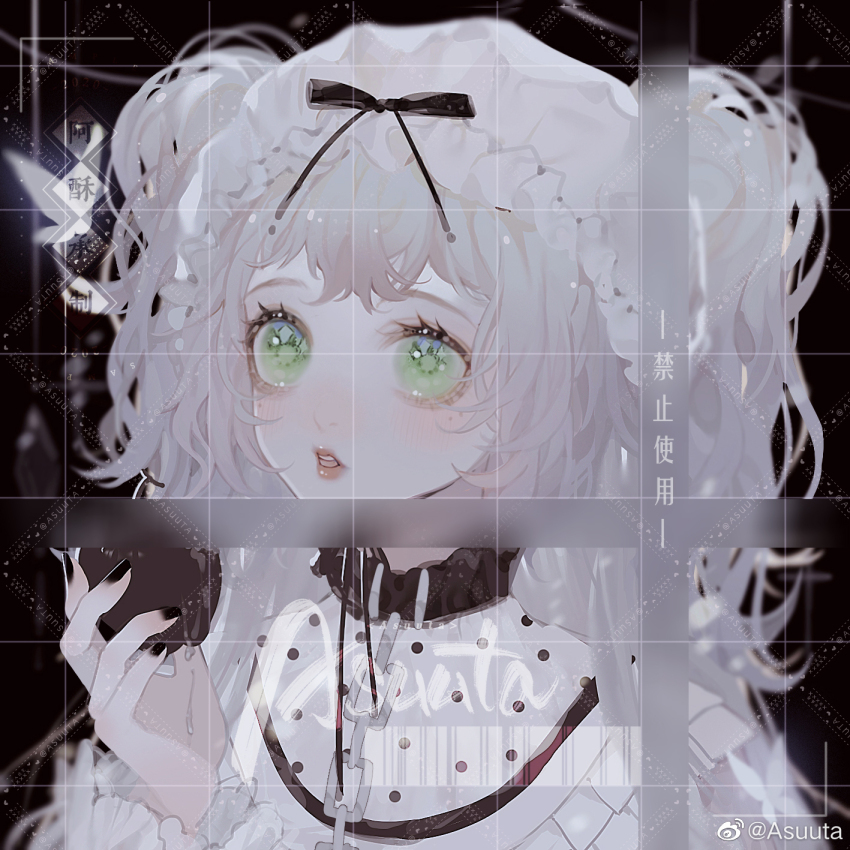 1girl animal_collar artist_name asuuta belt_buckle black_background black_bow black_collar black_nails blonde_hair bow buckle bug butterfly chain chain_leash chinese_commentary collar collared_shirt commentary_request expressionless eyelashes frilled_hairband frilled_shirt_collar frilled_sleeves frills green_eyes hair_bow hairband highres insect leash light_particles lipstick long_hair long_sleeves looking_at_animal makeup nail_polish original outstretched_hand parted_lips polka_dot_collar red_lips sample_watermark shirt simple_background solo sparkling_eyes teeth two_side_up upper_body upper_teeth_only watermark weibo_watermark white_butterfly white_hairband white_shirt white_sleeves