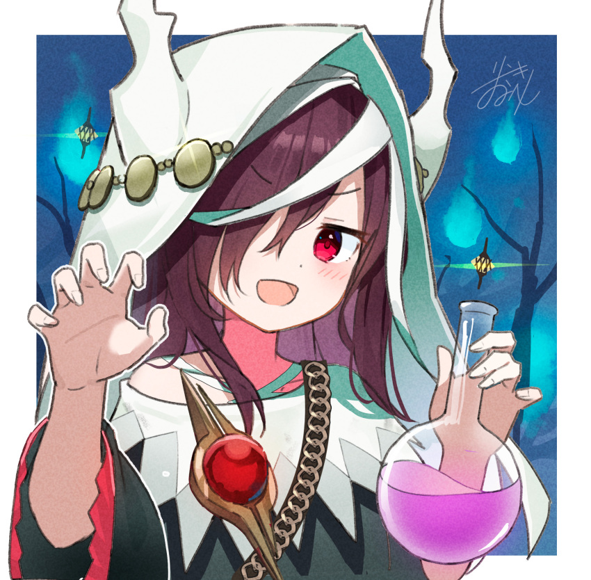 1girl black_hair blue_fire blush cloak fire flask hair_over_one_eye heaven_burns_red highres hood hooded_cloak horns long_hair official_alternate_costume paw_pose red_eyes rinki_oohen round-bottom_flask solo tenne_miko