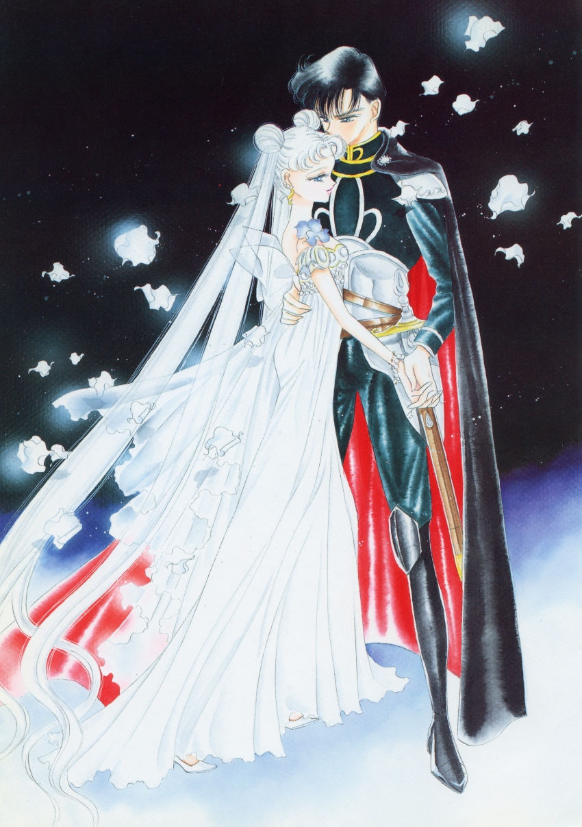 1990s_(style) 1boy 1girl absurdres artbook bishoujo_senshi_sailor_moon black_cape black_hair blue_eyes cape couple dark_background double_bun dress earrings endymion_(sailor_moon) falling_petals from_side full_body hair_bun hand_on_another&#039;s_back height_difference hetero highres holding_hands incredibly_absurdres jewelry lips long_dress long_hair male_focus official_art pale_skin petals pink_lips prince princess princess_serenity retro_artstyle scan short_hair takeuchi_naoko very_long_hair very_short_hair white_dress white_hair white_petals