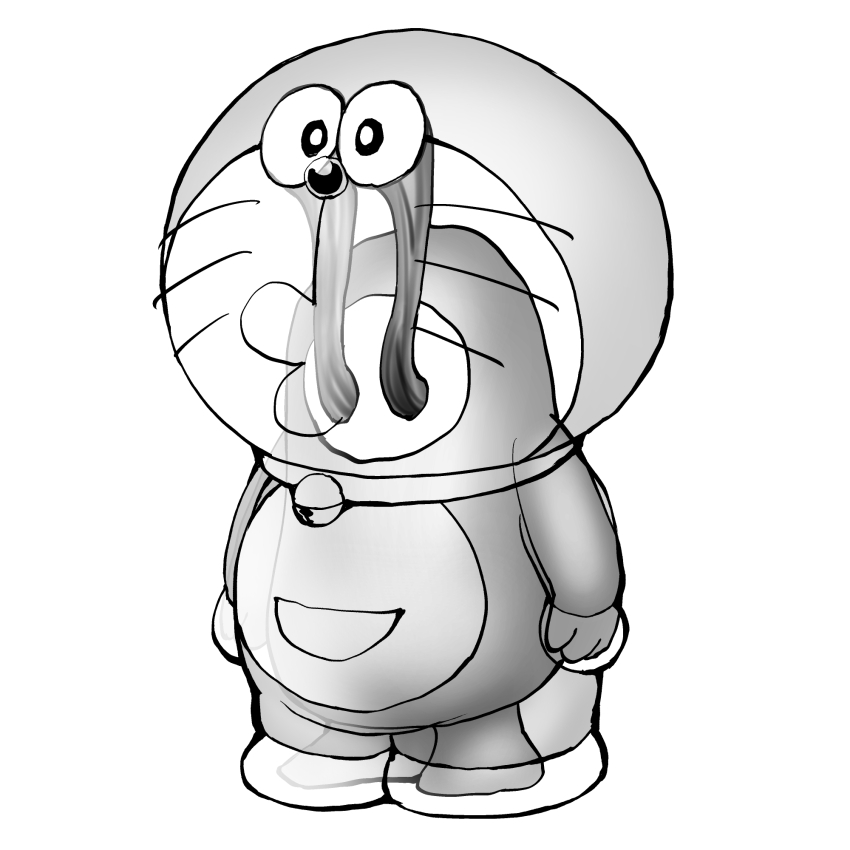 1other cursed_fall_guy_(meme) doraemon doraemon_(character) fall_guy fall_guys full_body greyscale highres monochrome simple_background solo standing udonyahoi white_background