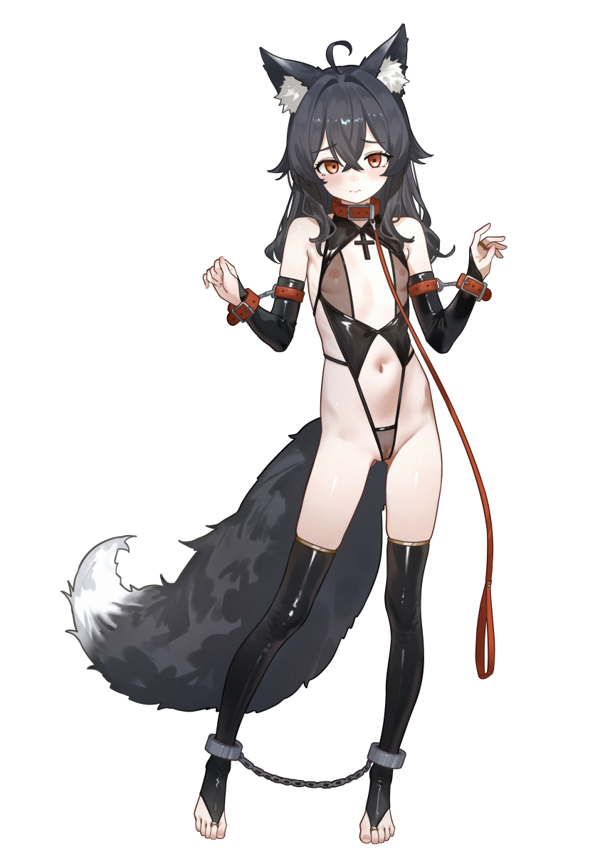 1girl absurdres ahoge animal_collar animal_ears bdsm black_hair black_thighhighs blush bondage bondage_cuffs bound bound_ankles bound_wrists breasts bridal_gauntlets bridal_legwear cleft_of_venus closed_mouth collar commentary_request contrapposto cuffs eco_376124 female_focus full_body furrowed_brow hands_up highres leash loli looking_at_viewer md5_mismatch medium_hair navel nipples original pussy red_collar red_eyes revealing_clothes see-through_clothes shackles simple_background slave small_breasts solo standing tail thighhighs toes variant_set white_background wolf_ears wolf_girl wolf_tail