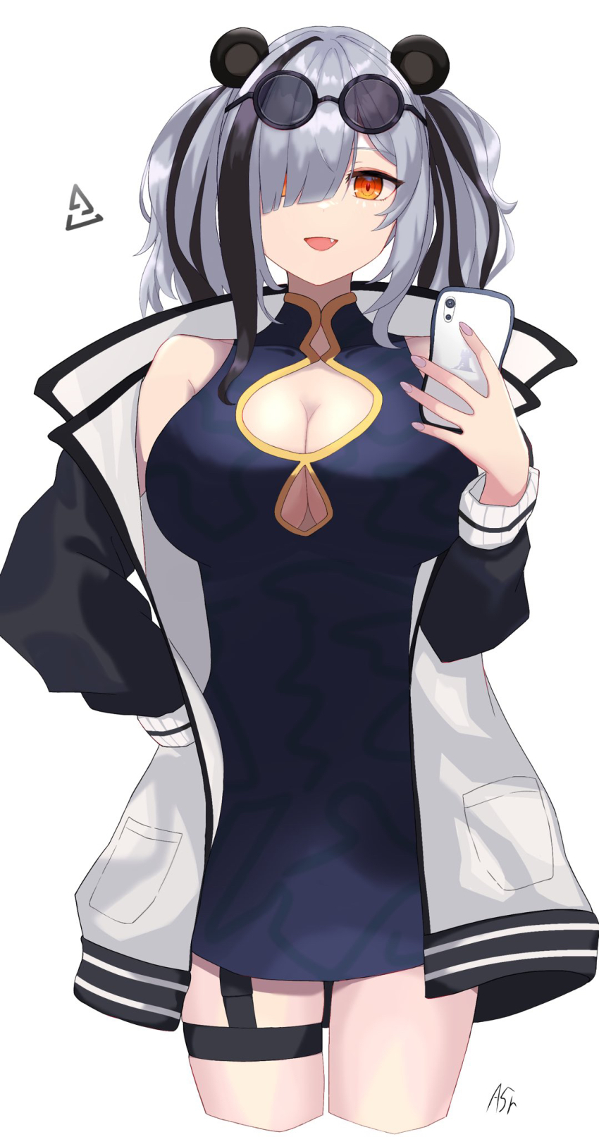 1girl :d a5r_(user_jfwf3225) animal_ears arknights artist_name black_dress breasts cellphone china_dress chinese_clothes cleavage cleavage_cutout clothing_cutout commentary_request cropped_legs dress eyewear_on_head fang feater_(arknights) fingernails grey_hair hair_over_one_eye hand_on_own_hip hand_up highres holding holding_phone jacket long_hair long_sleeves looking_at_viewer multicolored_hair open_mouth orange_eyes panda_ears panda_girl phone round_eyewear simple_background sleeveless sleeveless_dress smartphone smile solo streaked_hair sunglasses twintails white_background white_jacket
