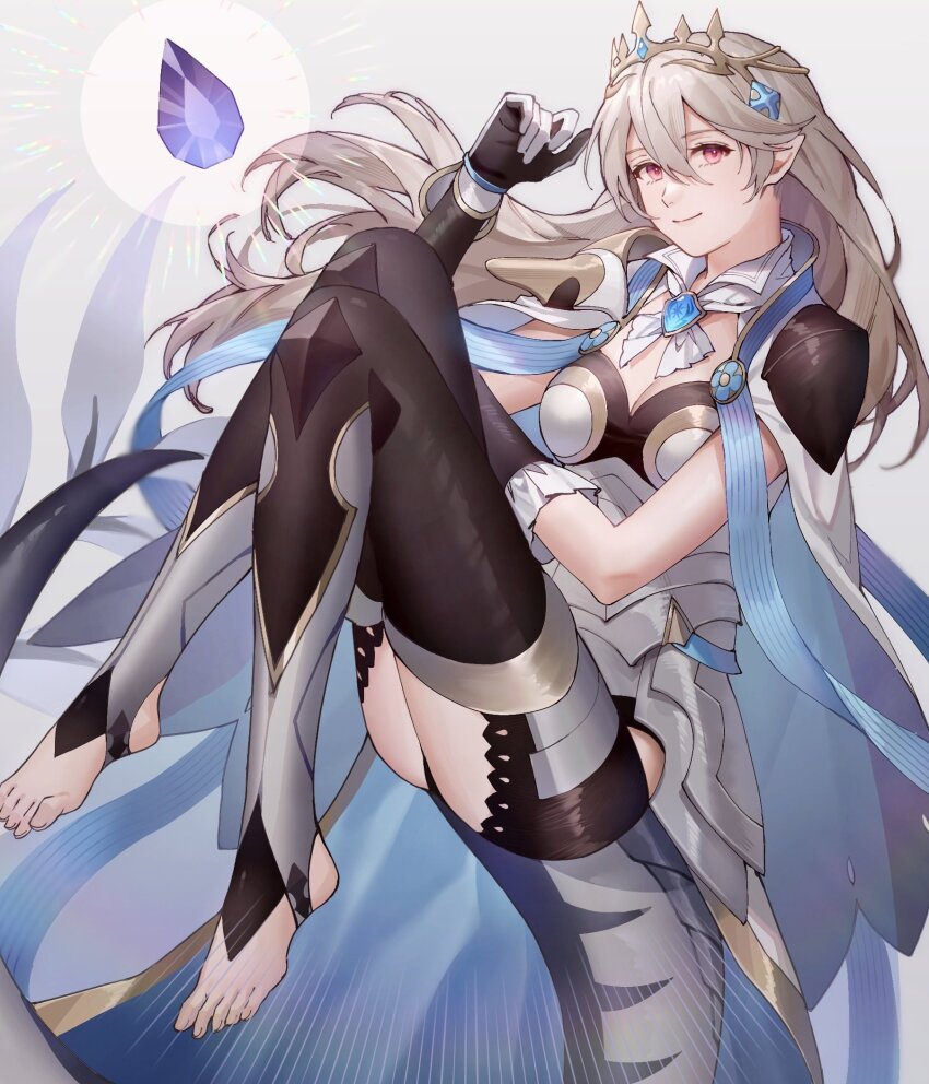 1girl ai_tkkm armor ass black_leotard breasts cape cleavage female_corrin_(fire_emblem) female_corrin_(silent_bloodline)_(fire_emblem) crown dragon_girl dragon_tail feet fire_emblem fire_emblem_fates fire_emblem_heroes frills full_body gloves hair_between_eyes hair_ornament highres jewelry knees_together_feet_apart knees_up legs leotard long_hair long_legs looking_at_viewer medium_breasts nintendo no_shoes official_alternate_costume pointy_ears red_eyes see-through_clothes shoulder_armor solo stirrup_legwear tail toeless_legwear toenails toes white_hair