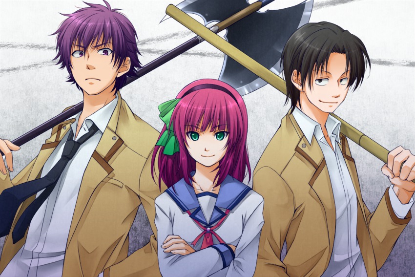10s 1girl 2boys angel_beats! axe black_hair crossed_arms fujimaki_(angel_beats!) green_eyes halberd kashiwa_mochi kashiwa_mochi_(tsuni) multiple_boys noda_(angel_beats!) polearm purple_eyes purple_hair school_uniform shirasaya short_hair sword weapon nakamura_yuri