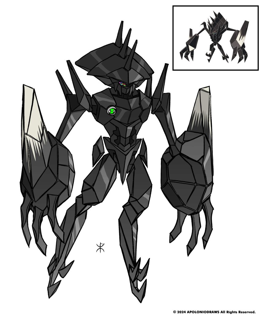 absurdres alien apoloniodraws artist_name ben_10 crystal gen_7_pokemon helmet highres legendary_pokemon necrozma nintendo omnitrix original pokemon pokemon_(creature) prism spikes