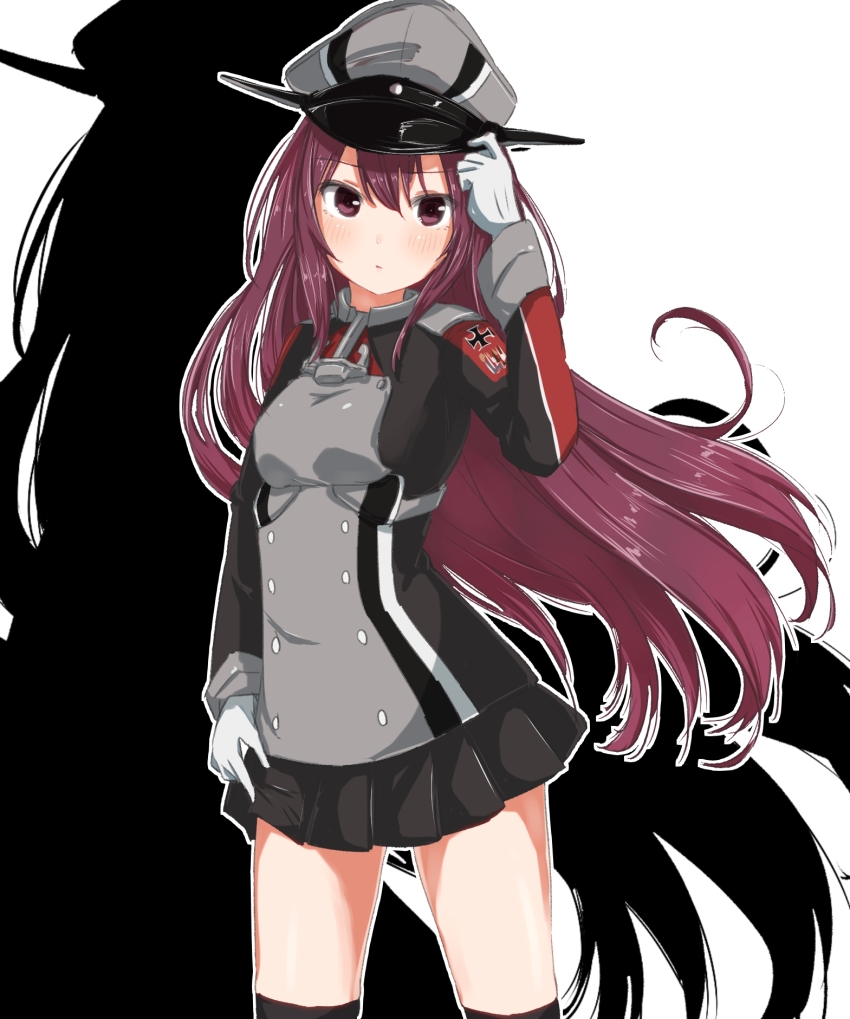 1girl ame-rain brown_eyes brown_hair cosplay gloves hat highres kamikaze_(kancolle) kantai_collection microskirt military military_uniform peaked_cap prinz_eugen_(kancolle) prinz_eugen_(kancolle)_(cosplay) skirt standing thighhighs