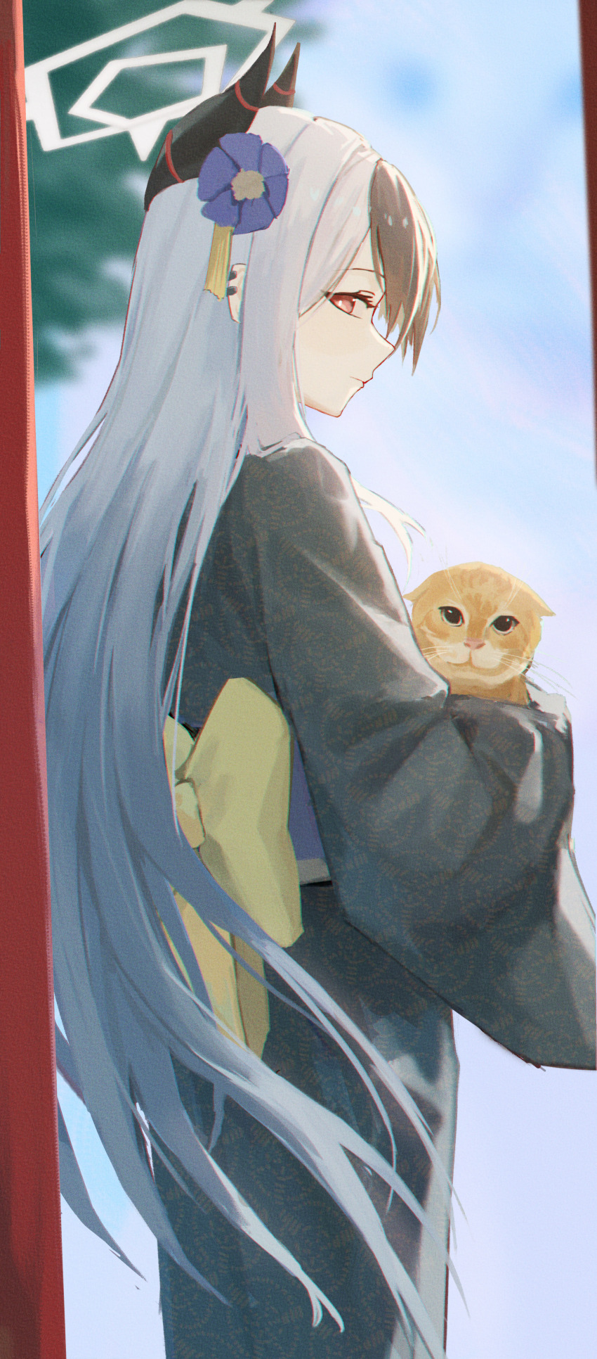 1girl absurdres animal black_hair black_horns blue_archive cat closed_mouth commentary_request demon_horns ear_piercing flower grey_hair haimaotuanzi hair_flower hair_ornament halo highres holding holding_animal horns kayoko_(blue_archive) kayoko_(new_year)_(blue_archive) long_hair long_sleeves looking_at_viewer obi official_alternate_costume official_alternate_hairstyle orange_cat piercing red_eyes sash solo standing very_long_hair wide_sleeves