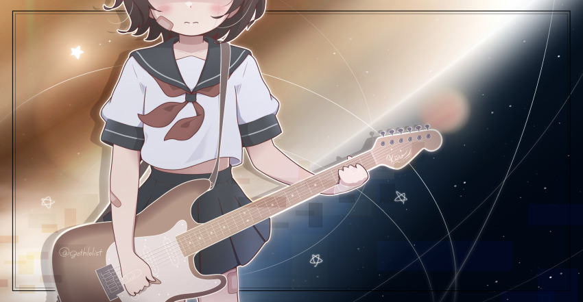 1girl bemani black_hair black_sailor_collar black_skirt blush brown_neckerchief closed_mouth commentary electric_guitar goth_risuto guitar head_out_of_frame highres holding holding_instrument instrument jupiter_(planet) kino_anzu neckerchief pleated_skirt sailor_collar school_uniform serafuku shirt short_sleeves skirt solo sound_voltex space star_(sky) star_(symbol) twitter_username wavy_mouth white_shirt