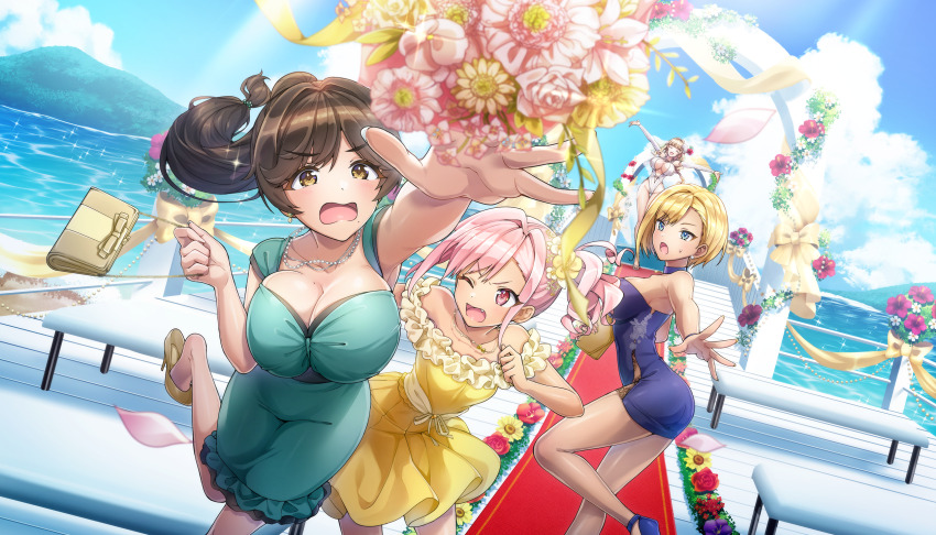 4girls :o aisle arch bag beach blonde_hair blue_eyes blue_flower blush bouquet breasts bridal_lingerie bridal_veil bride brown_eyes brown_hair cleavage closed_eyes cloud cumulonimbus_cloud day dolphin_wave dress fang flower formal_clothes game_cg green_dress handbag high_heels highres jewelry kirahoshi_kanna large_breasts lingerie long_hair medium_hair multiple_girls murahaya_mashio necklace non-web_source ocean official_alternate_costume official_alternate_hairstyle official_art one_eye_closed ootomo_takuji open_mouth pearl_necklace petals pink_eyes pink_flower pink_hair pink_rose purple_dress red_carpet red_flower red_rose rose short_hair skindentation small_breasts sunlight sweatdrop underwear urami_kana veil wedding wedding_dress yamaba_yume yellow_dress yellow_flower