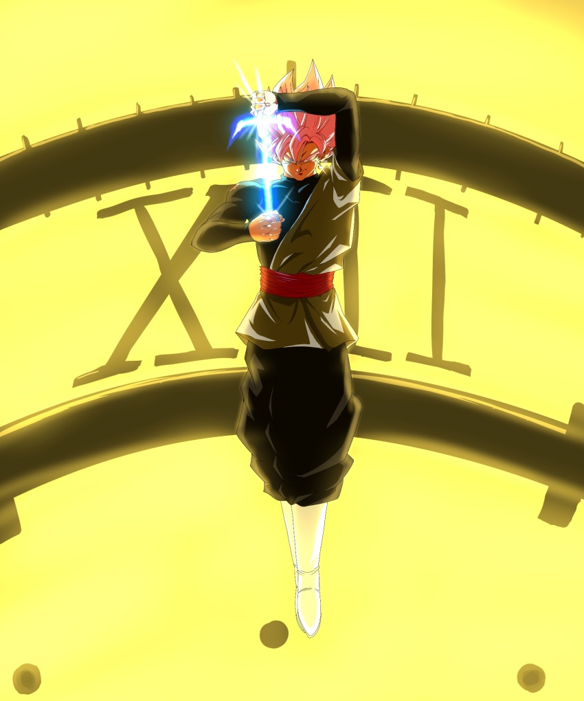 black_pants black_shirt boots clock clock_tower dougi dragon_ball dragon_ball_super earrings energy_sword goku_black grey_eyes grey_tunic highres jewelry kazumax76 long_sleeves medium_hair pants pink_hair potara_earrings red_sash sash shirt simple_background single_earring spiked_hair super_saiyan super_saiyan_rose sword tower tunic weapon white_boots yellow_background
