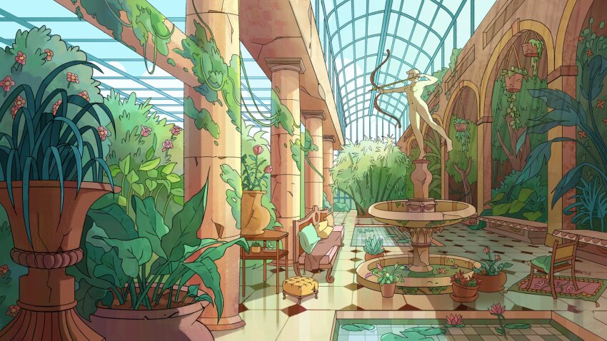 arboretum architecture bush chair couch day flower fountain garden highres indoors interior lily_pad moss nature no_humans original overgrown pillar pillow plant potted_plant scenery sculpture statue sunlight table tree vines water window yingshiart