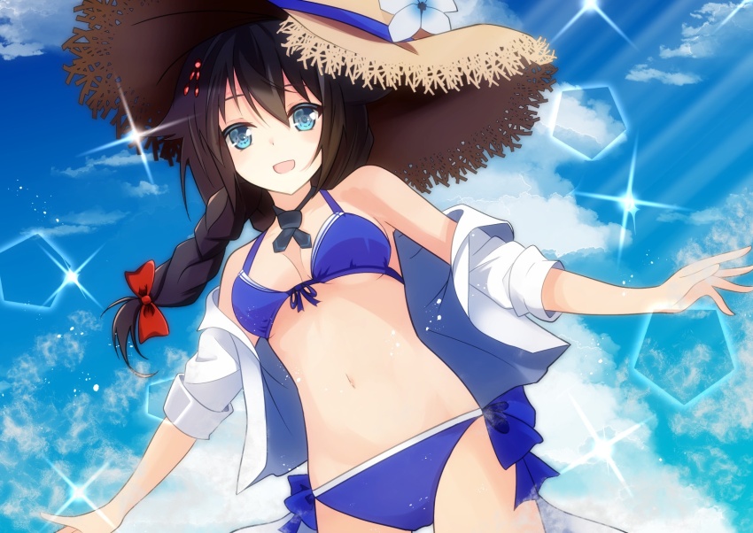 bikini black_ribbon blue_bikini blue_sky braid breasts brown_hat cloud collared_shirt commentary_request cowboy_shot dress_shirt front-tie_bikini_top front-tie_top hair_flaps hair_over_shoulder hat highres ichigomaru_d kantai_collection medium_breasts neck_ribbon open_clothes open_shirt outstretched_arms ribbon shigure_(kancolle) shigure_kai_san_(kancolle) shigure_kai_san_(swimsuit)_(kancolle) shirt side-tie_bikini_bottom single_braid sky smile sparkle sun_hat swimsuit white_shirt